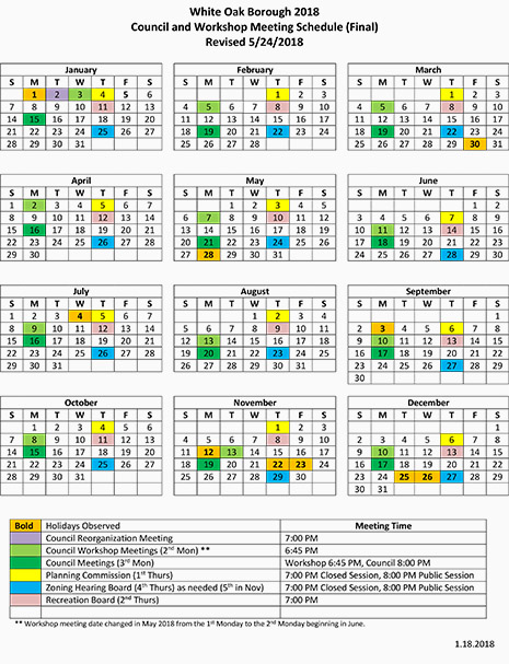 White Oak Borough 2018 Council and Workshop Meeting Schedule