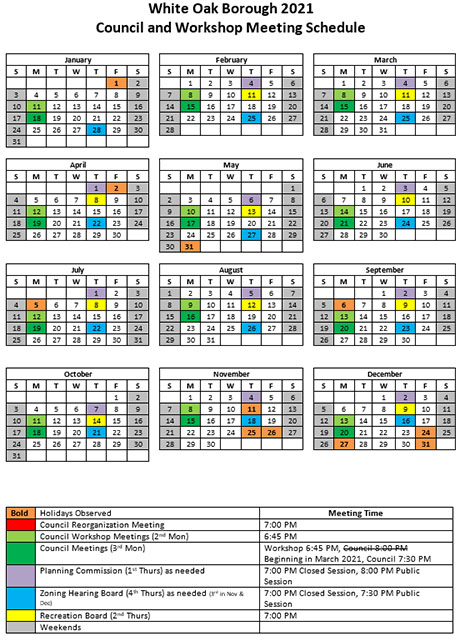 White Oak Borough 2021 Council and Workshop Meeting Schedule
